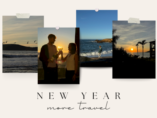 New Year vibes with travel photos and sunset silhouettes, a collage of memories by the ocean.