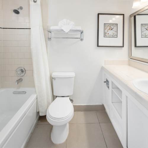 A clean, modern bathroom with a white tub, shower curtain, toilet, double-sink vanity, large mirror, and framed art on the wall.